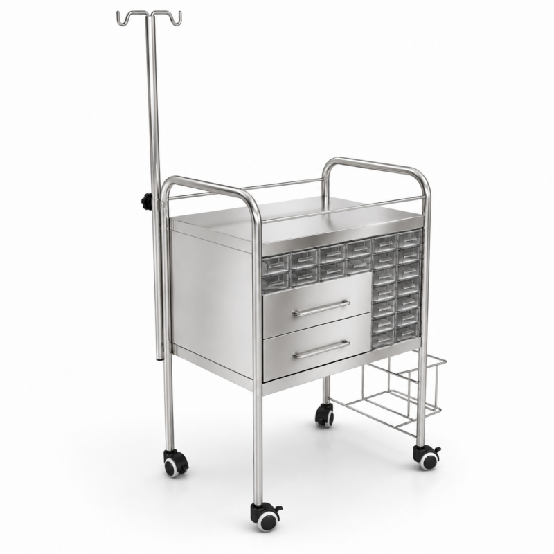 Chariot de soins avec 2 tiroirs et porte seau à pansements- CH10