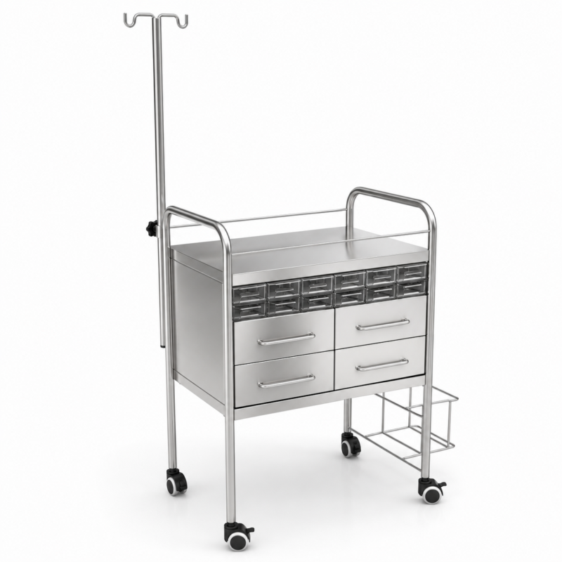 Chariot de soins avec 4 tiroirs et porte seau à pansements- CH11